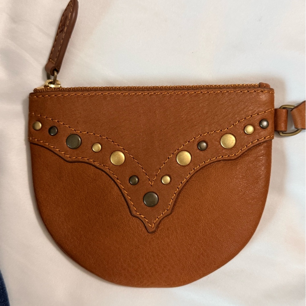 Frye Leather Coin Purse Wristlet Studded Brown Saddle Zip Pouch NWT